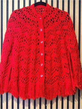 Vintage Red Crochet Fringe Button-Up Sweater